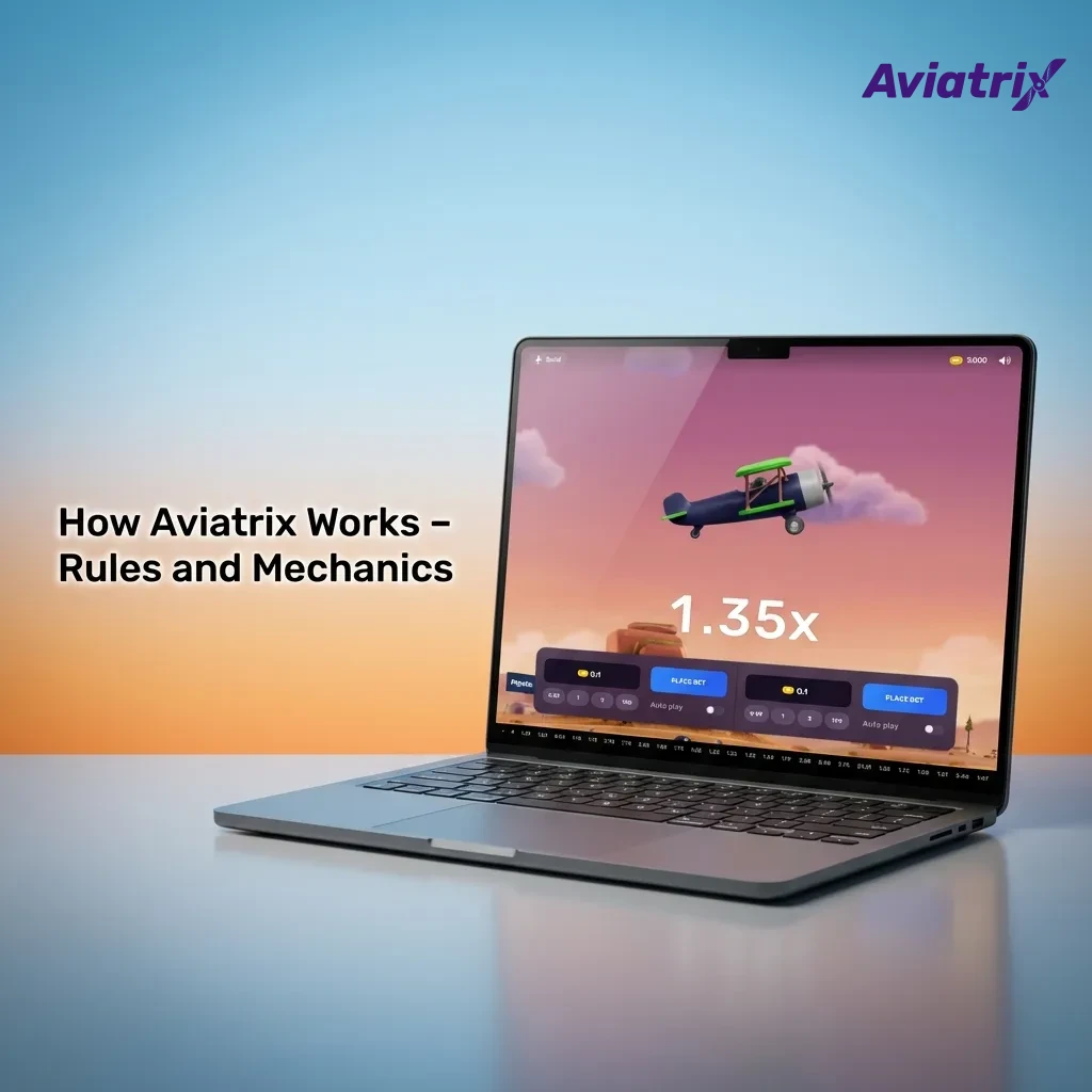 Illustration of Aviatrix: plane taking off with rising multiplier, player cashing out before random crash in a casino game UI