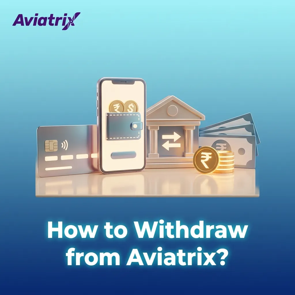 Illustrated Aviatrix withdrawal steps with KYC, account screen, INR amount field, and bank transfer confirmation